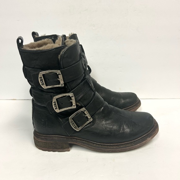 Frye Boots Valerie Women's Strappy Sz 6 Black Leather Shearling Moto Buckle - Picture 4 of 16
